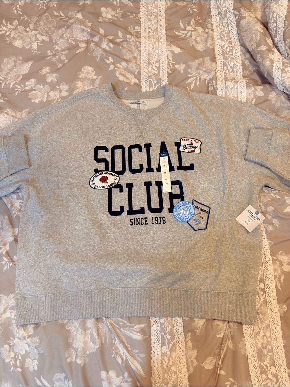 Arizona Jean Company Gray 'Social Club' Patch Crewneck Sweatshirt